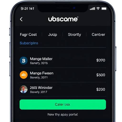 A screenshot of a subscription management app on a smartphone, showing a list of active subscriptions and their monthly costs.