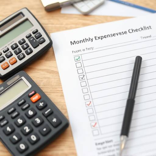 Checklist for monthly expense review with pen and calculator.