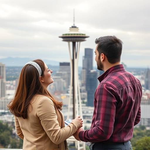 Couple looking at a map in front of the Space Needle in Seattle, WA.