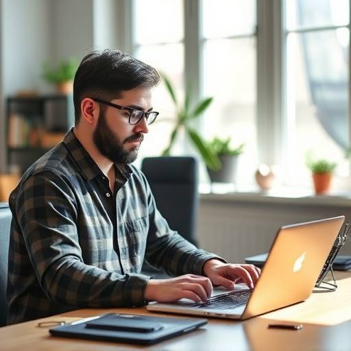 David Ramirez, Co-founder and CTO, coding on his laptop in a bright office
