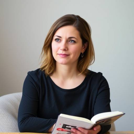 Emily Carter, Content Strategist, sitting at her desk with a notebook, looking thoughtfully at the camera