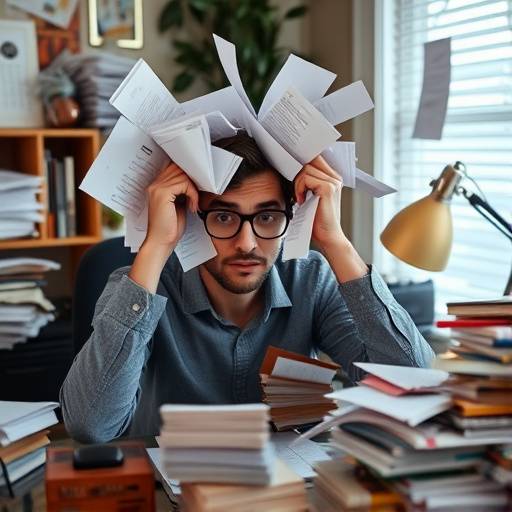 Person overwhelmed by subscription bills on their desk.